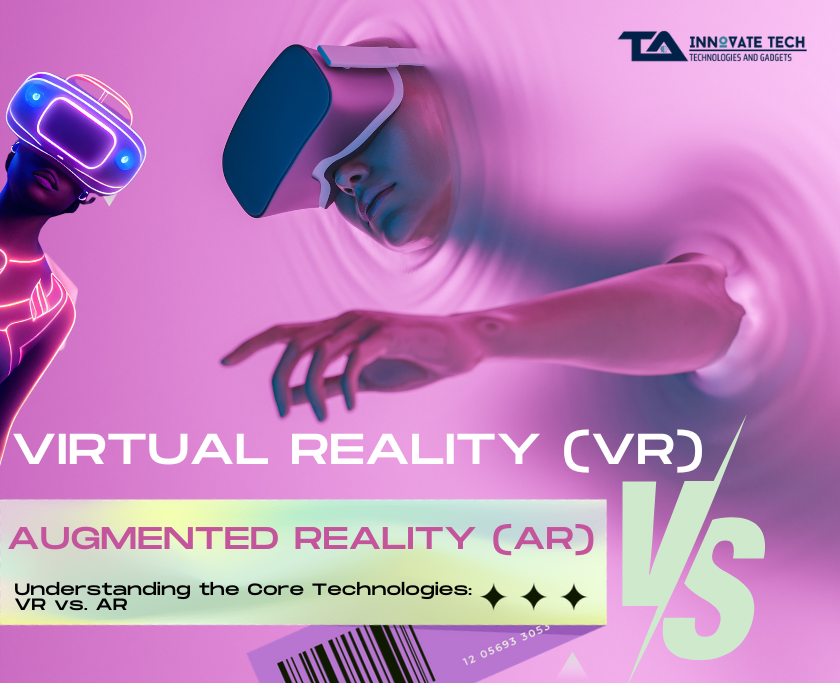 A person wearing a VR headset immersed in a digital world, contrasted with a hand interacting with AR elements.